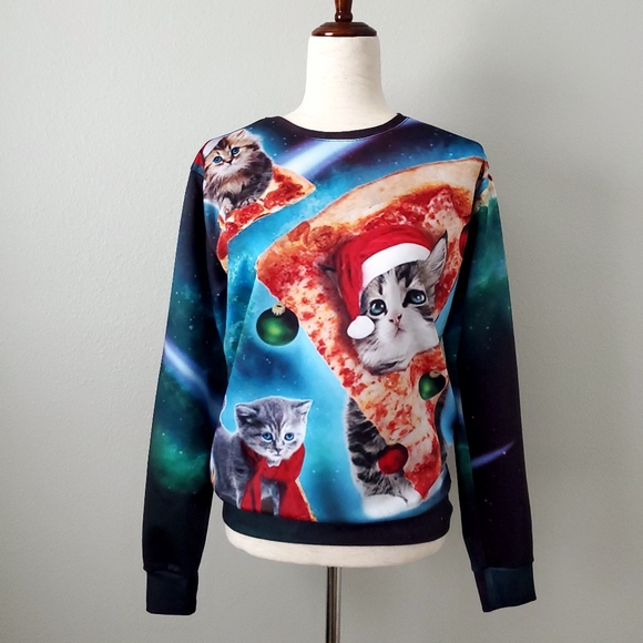 Unbranded Tops - Cats & Pizza Blue Christmas Holiday Sweatshirt, Size Medium/ Large